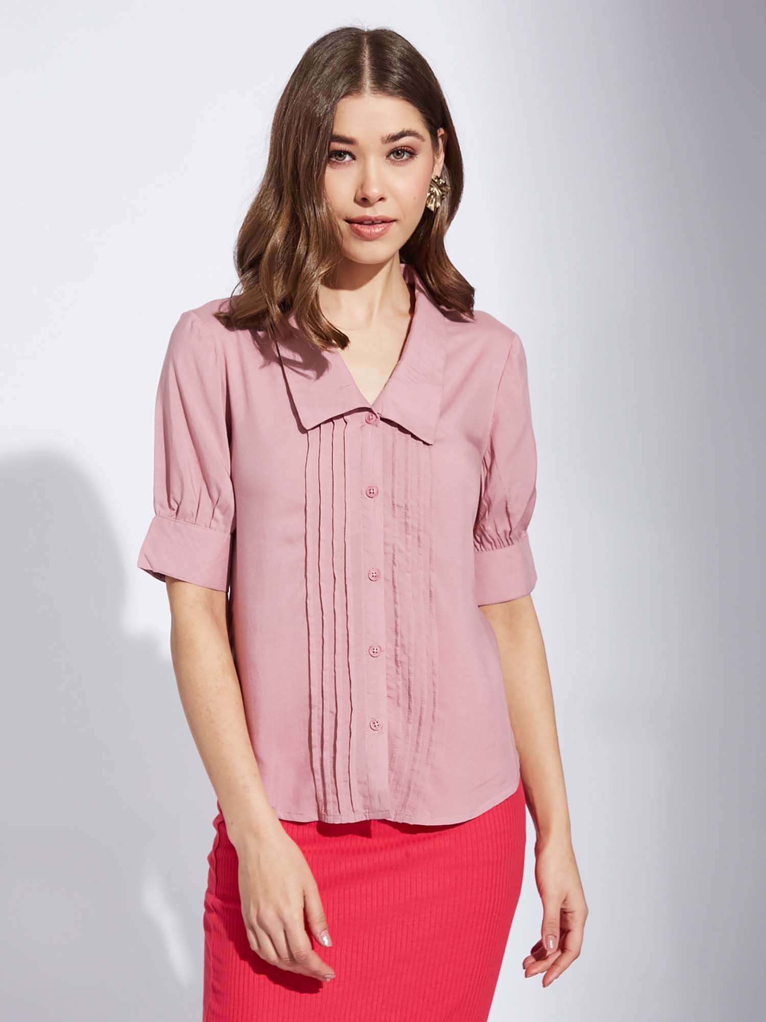 latin quarters Women Pink Solid Half Sleeves Casual Collar Shirt-picture-16