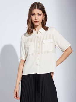 Latin Quarters - Women White Striped Half Sleeves Casual Collar Shirt