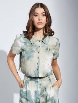 Latin Quarters - Women Green Tie and Die Short Sleeve Casual Collar Shirt