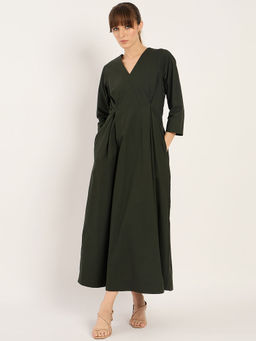 Femmella - Olive Pleat Detailing Poplin Maxi Dress