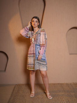 PURVAJA - Printed Multi-Color Flare Knee Length Dress