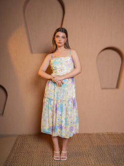 PURVAJA - Yellow Floral Printed Midi Dress