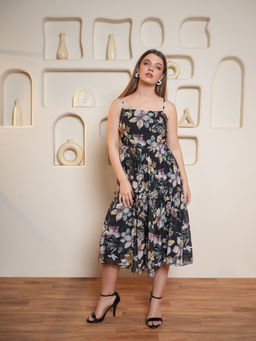 PURVAJA - Black Floral Printed Midi Dress