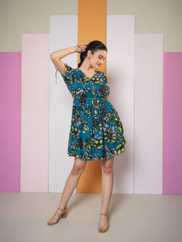 PURVAJA - Teal Floral Printed Dress