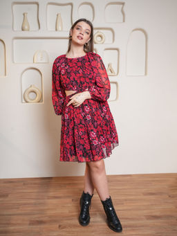 PURVAJA - Black Floral Printed Cut Out Dress