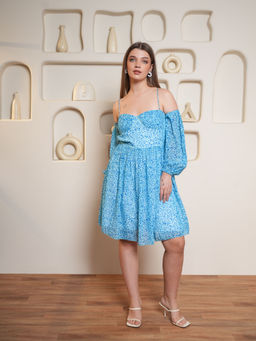 PURVAJA - Blue Printed Fit And Flare Dress