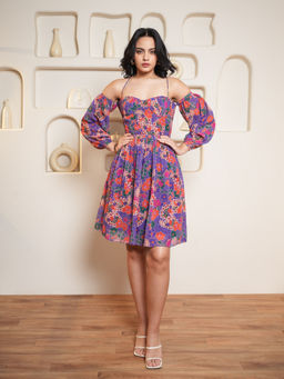 PURVAJA - Purple Printed Fit And Flare Dress