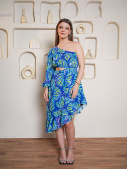 PURVAJA - Blue Printed One Shoulder Dress