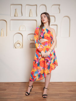 PURVAJA - Orange Printed One Shoulder Dress