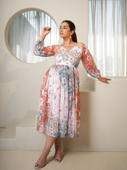 PURVAJA - Off White Printed Fit And Flare Dress