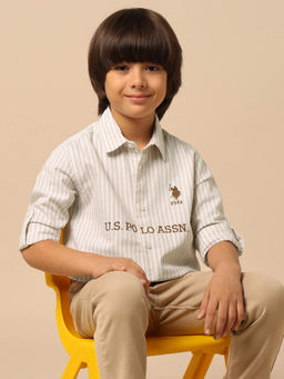 U.S. POLO ASSN. - Beige Boys Brand Stripes Regular Fit Shirt