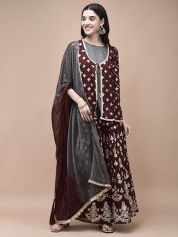 Shree - Georgette Maroon Foil Print Kurta with Pant and Dupatta