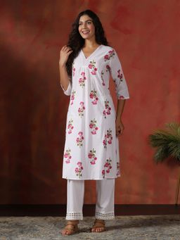Shree - Cotton White Floral Print Kurta with Pant