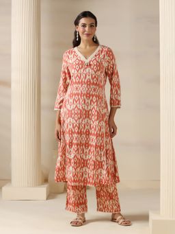 Shree - Liva Peach Geometric Print Kurta with Pant