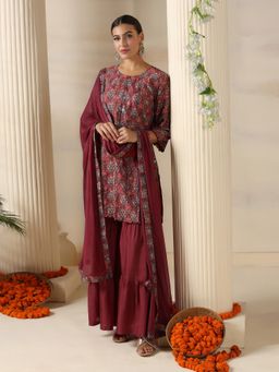 Shree - Chinon Dusty Maroon Embroidered Kurta with Sharara Dupatta