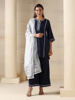 Shree - Liva Blue Embroidered Kurta with Palazzo and Dupatta