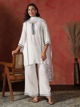 Shree - Liva Off White Embroidered Kurta with Pant and Dupatta