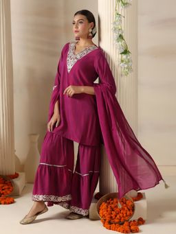 Shree - Poly Viscose Pink Solid Kurta with Sharara and Dupatta
