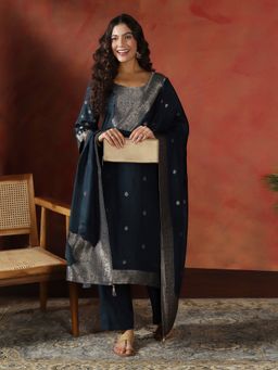 Shree - Dola Silk Jacquard Navy Blue Woven Kurta with Pant and Dupatta