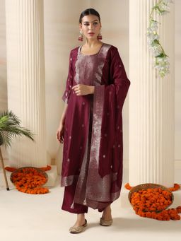 Shree - Dola Silk Jacquard Wine Woven Kurta with Pant and Dupatta