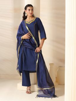 Shree - Cotton Navy Blue Embroidered Kurta with Pant and Dupatta