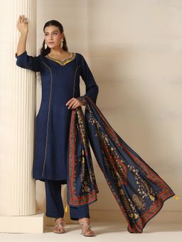 Shree - Liva Navy Blue Embroidered Kurta with Pant and Dupatta