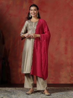 Shree - Silk Blend Beige Embroidered Kurta with Pant and Dupatta