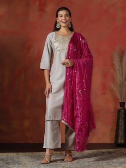 Shree - Silk Blend Grey Embroidered Kurta with Pant and Dupatta