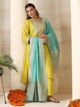Shree - Liva Lemon Yellow Embroidered Kurta with Pant and Dupatta
