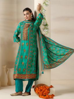 Shree - Dola Silk Jacquard Turquoise Blue Kurta with Pant and Dupatta