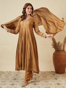 MOKOSH - Silk Golden Anarkali Kurta with Pant and Dupatta