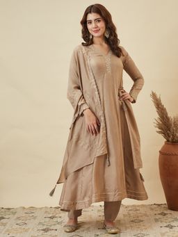 MOKOSH - Silk Beige Anarkali Kurta with Pant and Dupatta