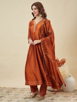 MOKOSH - Silk Rust Anarkali Kurta with Pant and Dupatta
