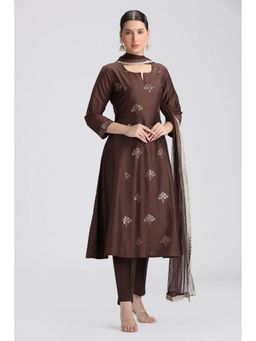 Cotton Culture - Brown Poly Silk Embroidered Anarkali Kurta with Pant and Dupatta
