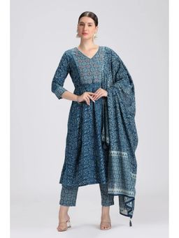 Cotton Culture - Navy Blue Pure Cotton Floral Anarkali Kurta with Pant and Dupatta