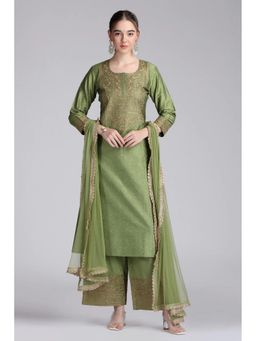 Cotton Culture - Green Poly Silk Embroidered Kurta with Palazzo and Dupatta