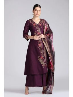 Cotton Culture - Purple Silk Embroidered Kurta with Palazzo and Dupatta