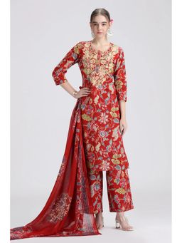 Cotton Culture - Rust Pure Cotton Embroidered Kurta with Pant and Dupatta