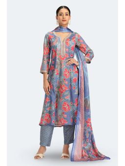 Cotton Culture - Blue Poly Silk Floral Kurta with Pant and Dupatta