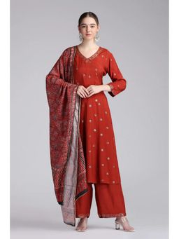 Cotton Culture - Rust Polyester Embroidered Kurta with Pant and Dupatta