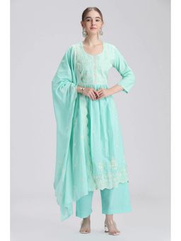 Cotton Culture - Blue Pure Cotton Embroidered Anarkali Kurta with Pant and Dupatta