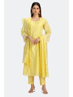 Cotton Culture - Yellow Chanderi Silk Embroidered Kurta with Pant and Dupatta