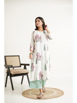 GOODHAND - Cotton Floral Printed White Kurta with Pant