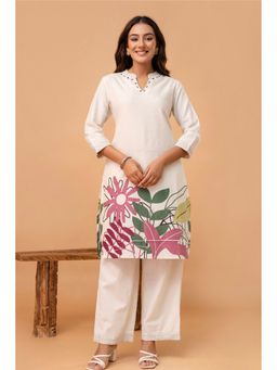 Kohsh - Off White Cotton Floral Kurti with Pant