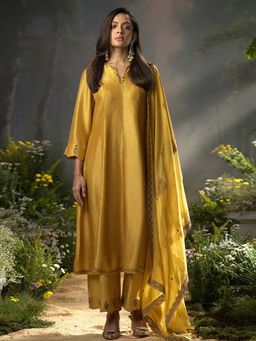 Ganga Fashions - Gold Silk Embellished/Sequined Anarkali Kurta with Pant and Dupatta