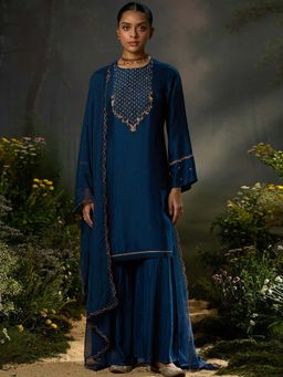Ganga Fashions - Blue Silk Embroidered Kurta with Sharara and Dupatta
