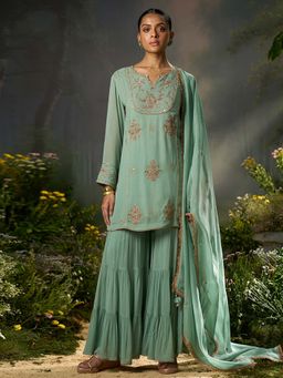 Ganga Fashions - Green Georgette Embroidered Kurti with Sharara and Dupatta