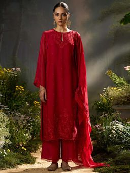 Ganga Fashions - Red Organza Embroidered Kurta with Pant and Dupatta