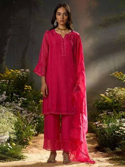 Ganga Fashions - Pink Organza Embroidered Kurta with Pant and Dupatta
