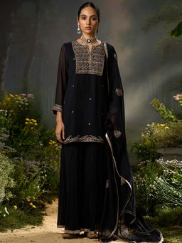 Ganga Fashions - Black Georgette Embroidered Kurta with Sharara and Dupatta